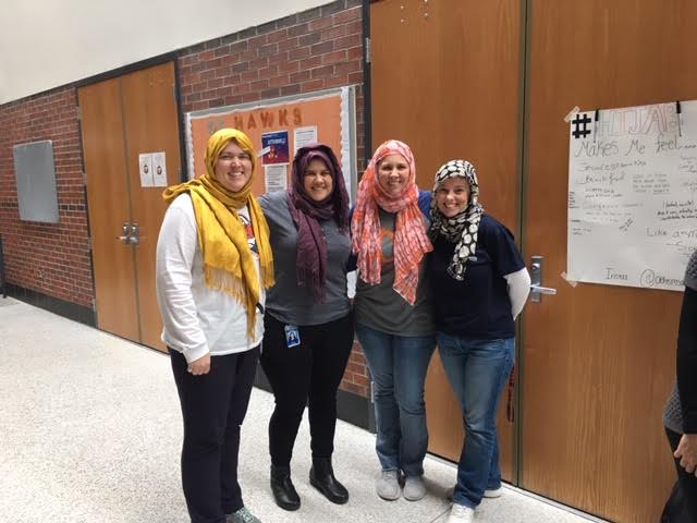 English Teachers, Rippee, Steinberg, Goddard, Tow participated in Hijab Day.  